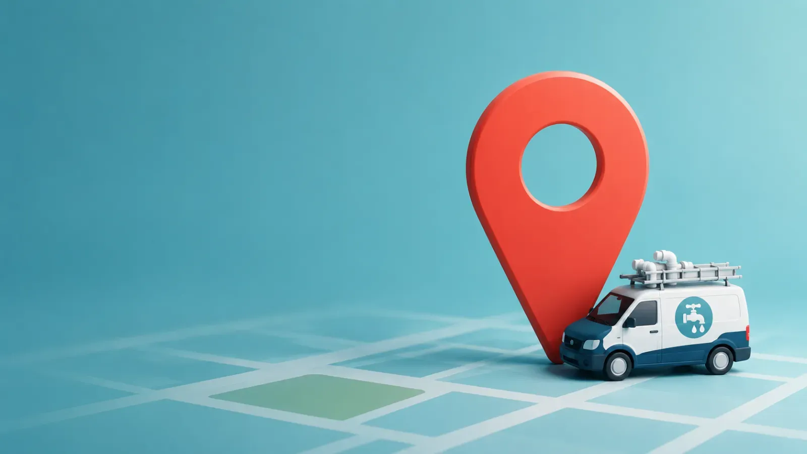 A map location pin beside a plumber's van, marking a business on Google Maps