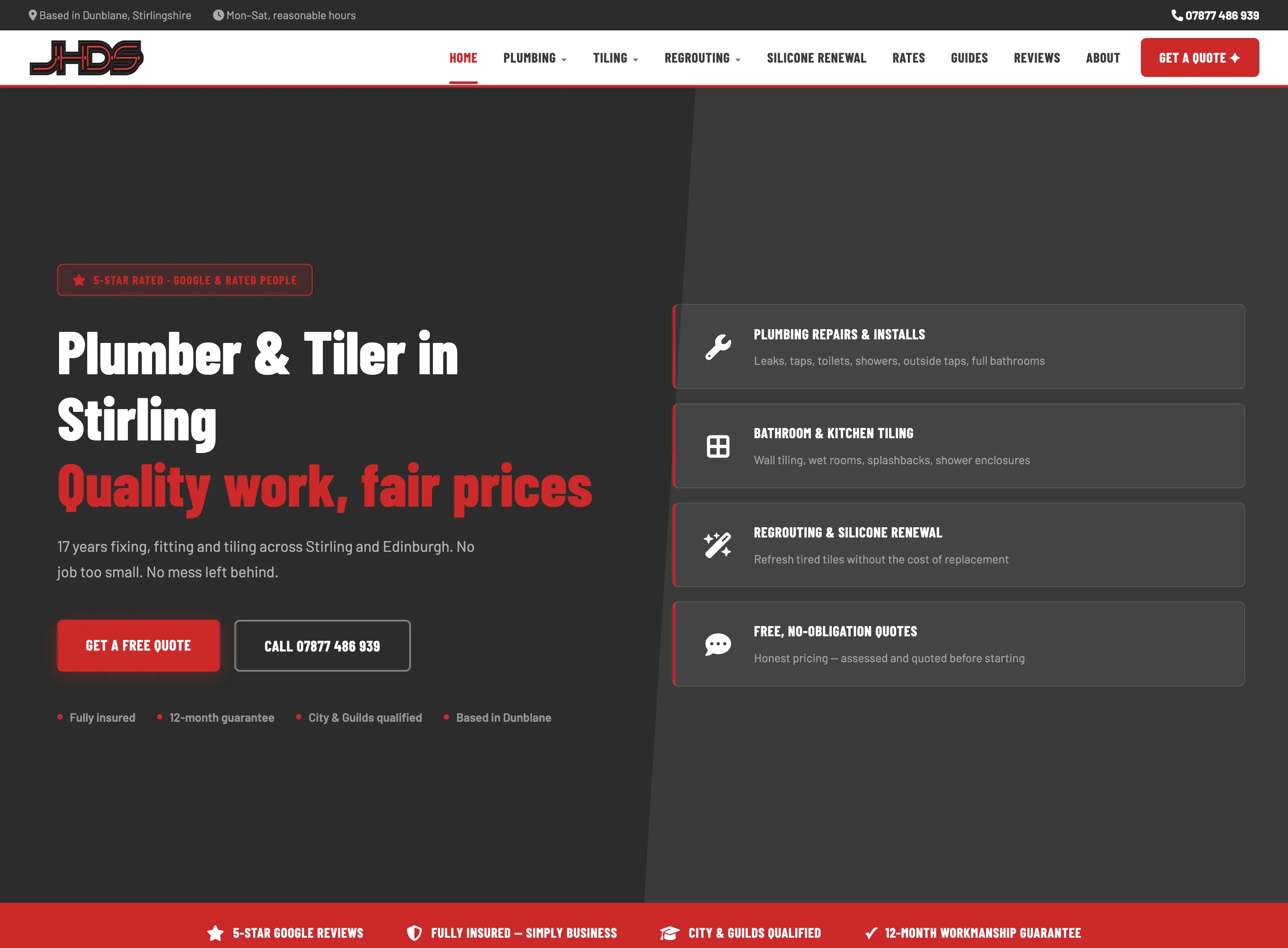 The JHDS Plumbing & Tiling website built by Get A Trades Website