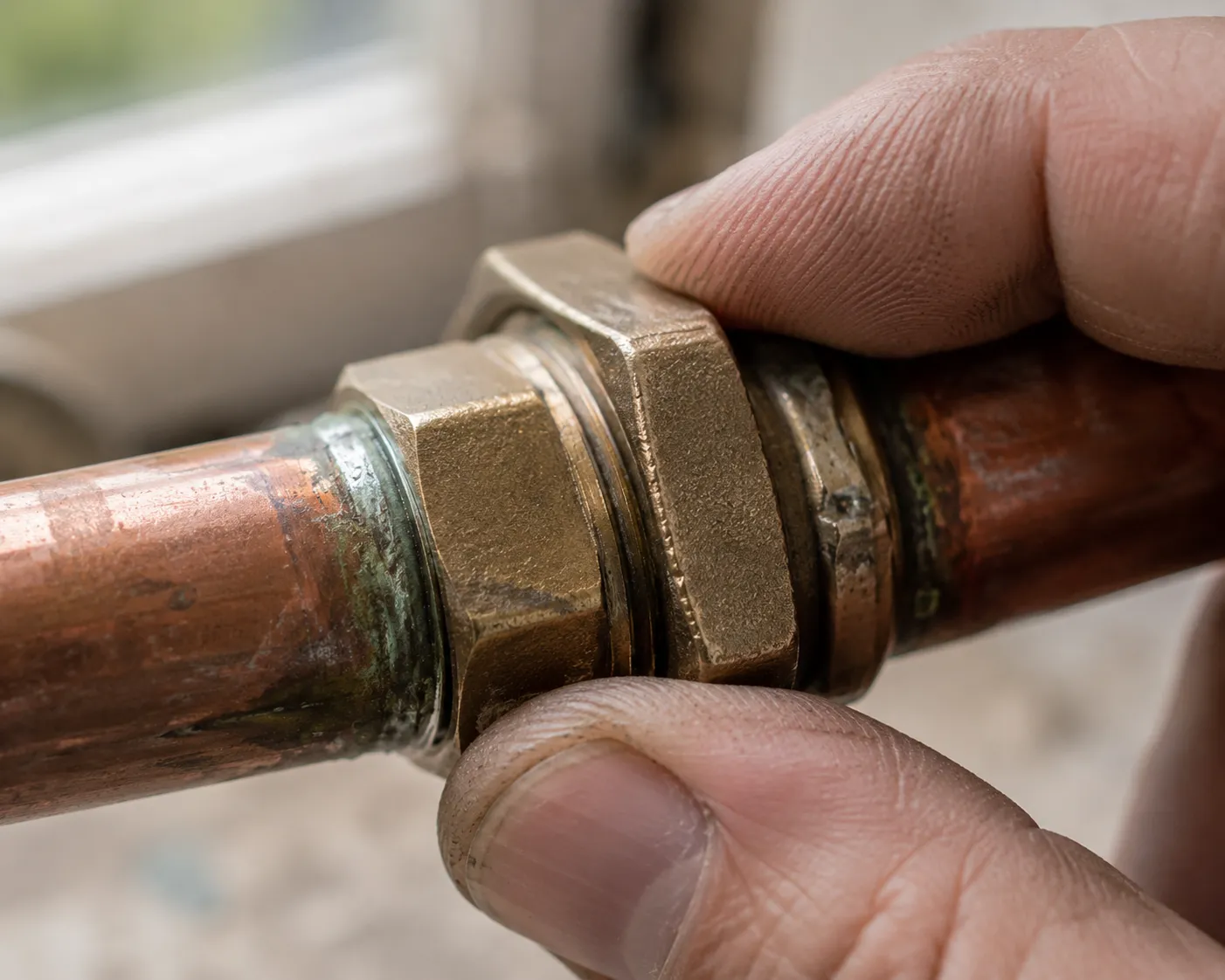 Close-up of a plumber fitting copper pipework
